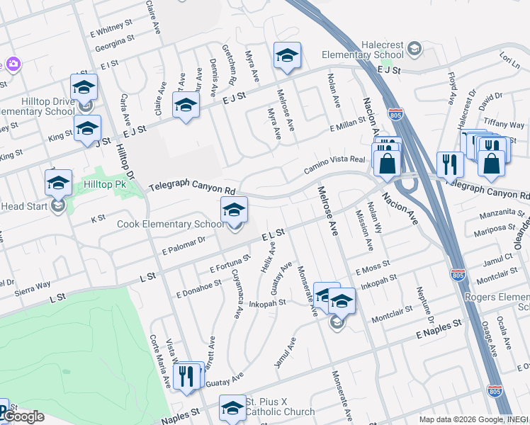 map of restaurants, bars, coffee shops, grocery stores, and more near 876 Helix Avenue in Chula Vista