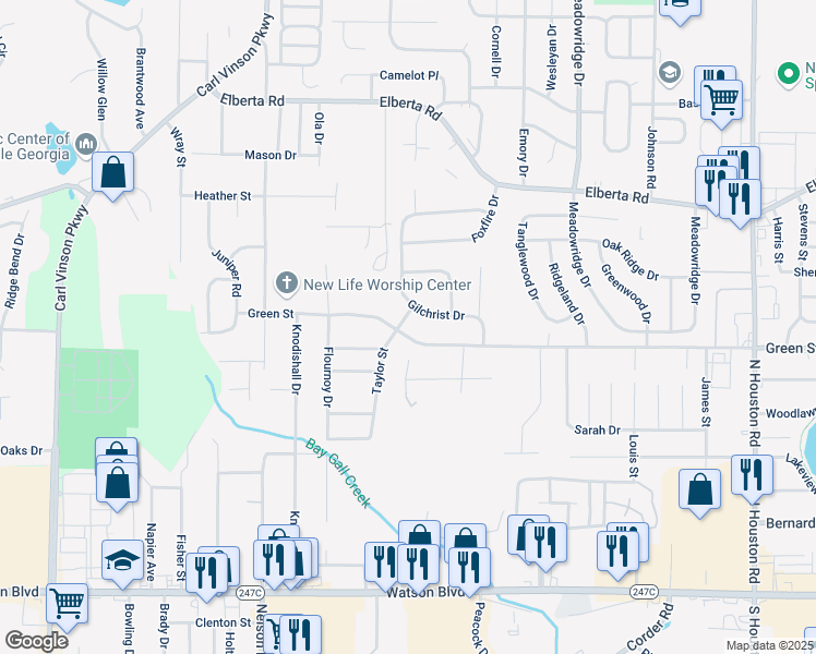 map of restaurants, bars, coffee shops, grocery stores, and more near 106 Meadow Glen Court in Warner Robins