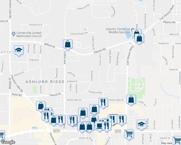 map of restaurants, bars, coffee shops, grocery stores, and more near 309 Westfield Drive in Warner Robins