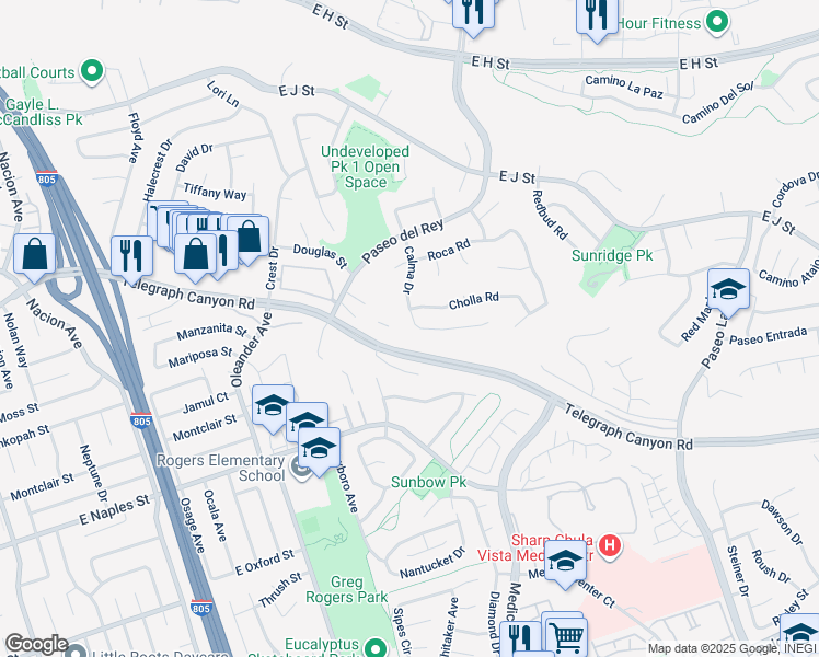 map of restaurants, bars, coffee shops, grocery stores, and more near 1008 Calma Drive in Chula Vista