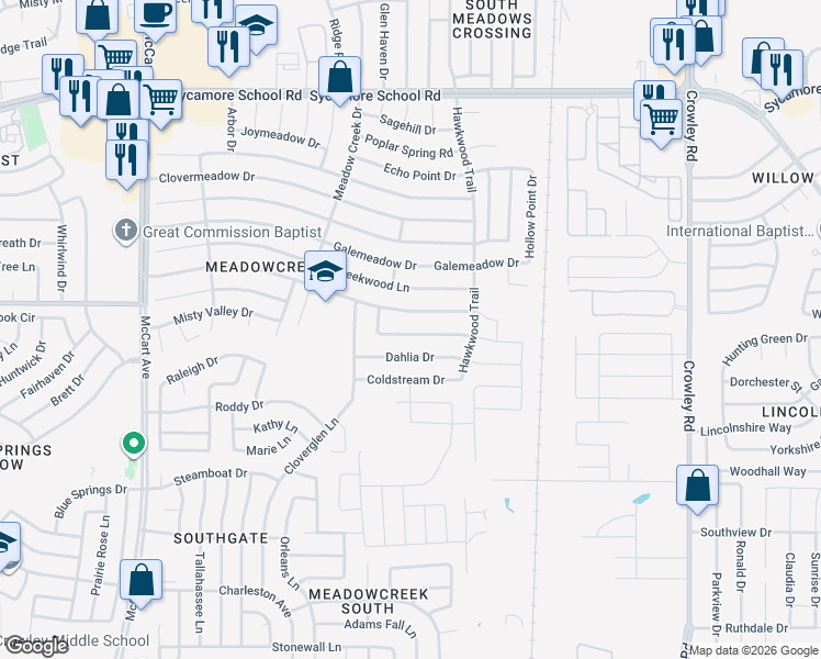 map of restaurants, bars, coffee shops, grocery stores, and more near 2600 Harvest Moon Drive in Fort Worth