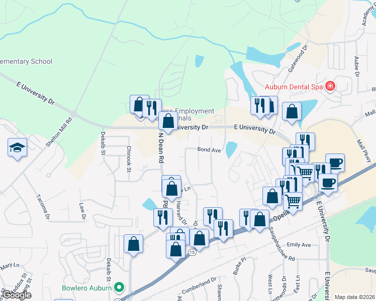 map of restaurants, bars, coffee shops, grocery stores, and more near 1140 Gentry Drive in Auburn