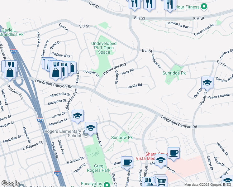map of restaurants, bars, coffee shops, grocery stores, and more near 1008 Calma Drive in Chula Vista