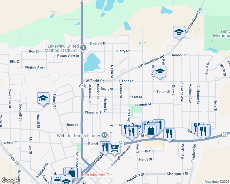 map of restaurants, bars, coffee shops, grocery stores, and more near 903 Center Street in Minden