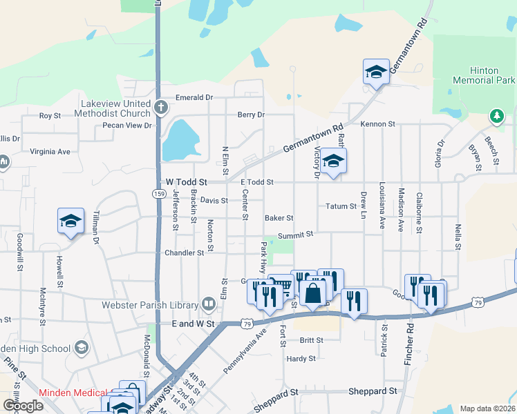 map of restaurants, bars, coffee shops, grocery stores, and more near 902 Park Highway in Minden