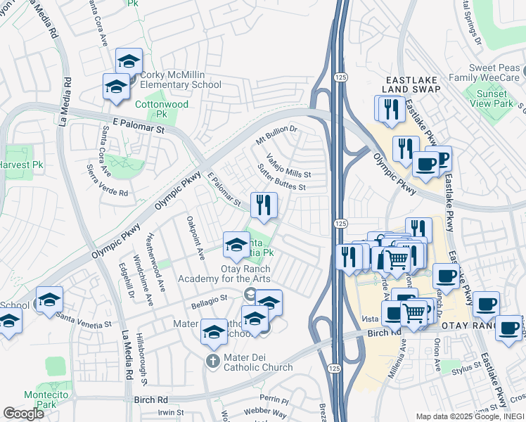 map of restaurants, bars, coffee shops, grocery stores, and more near 1904 East Palomar Street in Chula Vista
