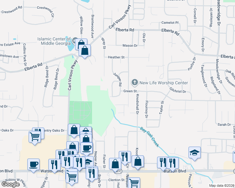 map of restaurants, bars, coffee shops, grocery stores, and more near 308 Juniper Road in Warner Robins