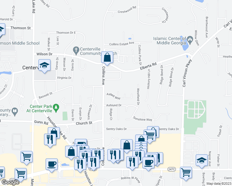 map of restaurants, bars, coffee shops, grocery stores, and more near 105 Tignor Court in Centerville