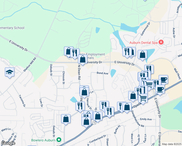 map of restaurants, bars, coffee shops, grocery stores, and more near 1140 Gentry Drive in Auburn