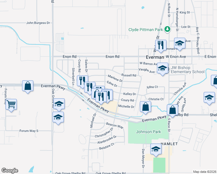 map of restaurants, bars, coffee shops, grocery stores, and more near 921 Kelley Drive in Everman