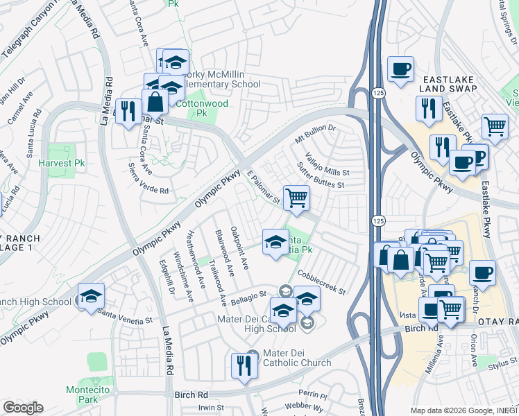 map of restaurants, bars, coffee shops, grocery stores, and more near 1851 Rouge Drive in Chula Vista