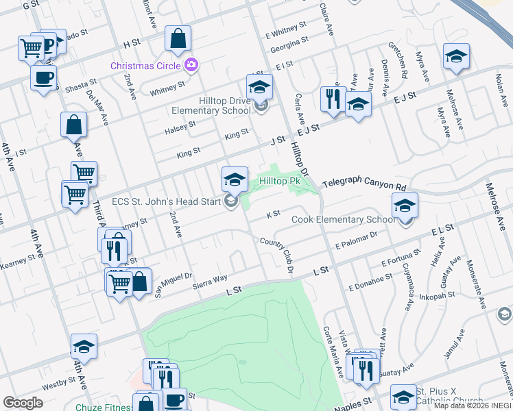 map of restaurants, bars, coffee shops, grocery stores, and more near 93 K Street in Chula Vista