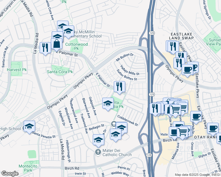map of restaurants, bars, coffee shops, grocery stores, and more near 1875 Cannes Place in Chula Vista