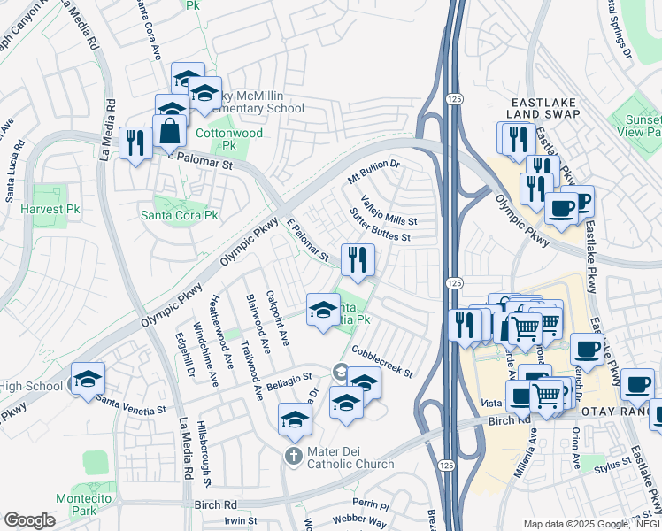 map of restaurants, bars, coffee shops, grocery stores, and more near 1887 Monaco Drive in Chula Vista