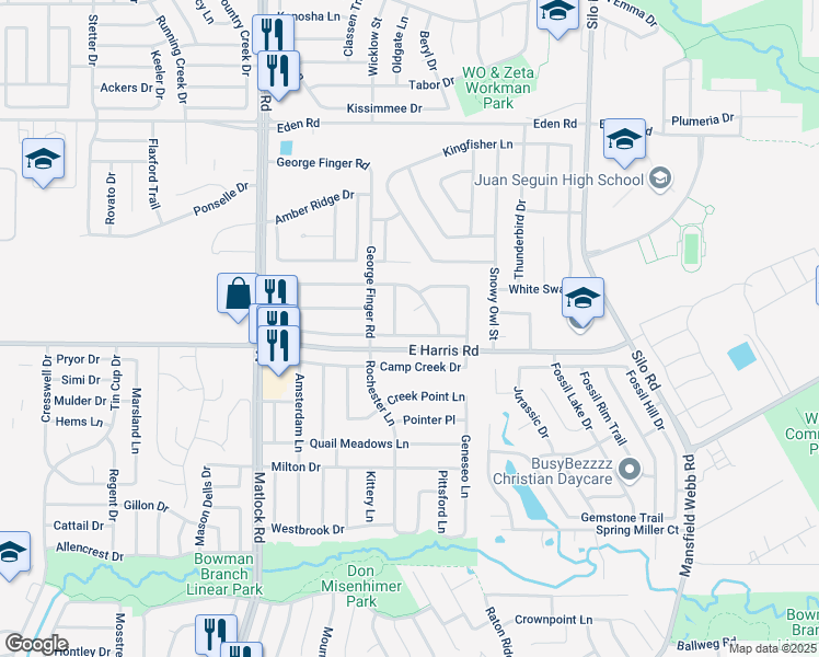 map of restaurants, bars, coffee shops, grocery stores, and more near 7107 Harris Meadows Drive in Arlington