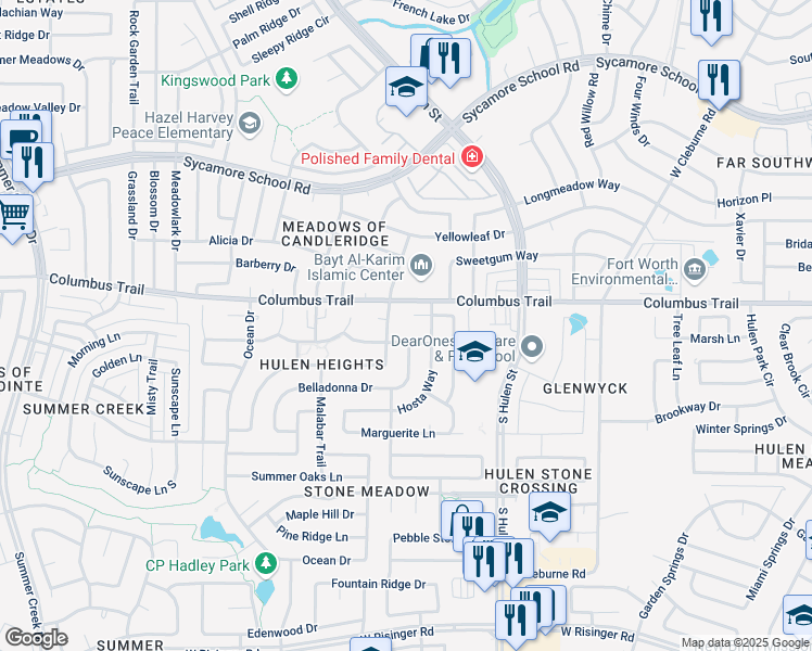map of restaurants, bars, coffee shops, grocery stores, and more near 7899 Songbird Lane in Fort Worth