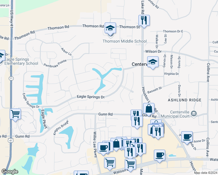 map of restaurants, bars, coffee shops, grocery stores, and more near 102 Grove Court in Centerville
