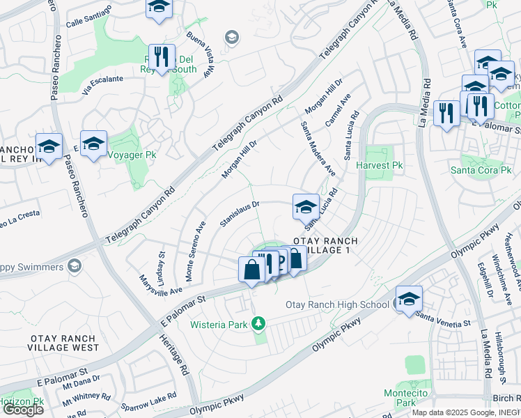 map of restaurants, bars, coffee shops, grocery stores, and more near 1405 Stanislaus Drive in Chula Vista