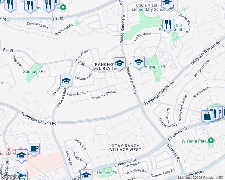 map of restaurants, bars, coffee shops, grocery stores, and more near 1091 Paseo Entrada in Chula Vista