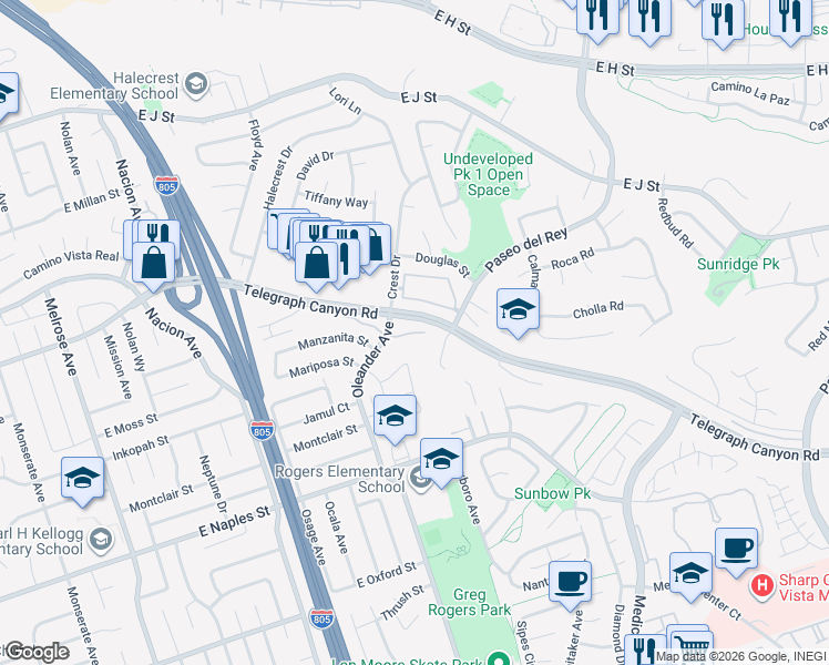 map of restaurants, bars, coffee shops, grocery stores, and more near in Chula Vista