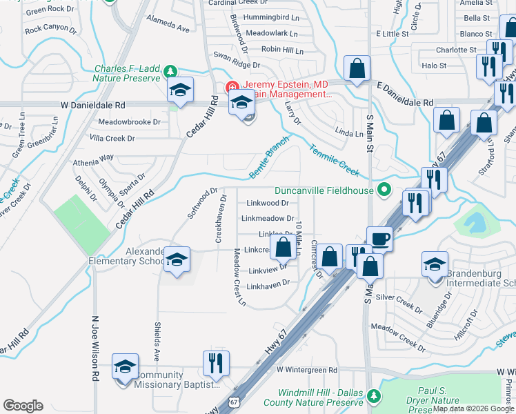 map of restaurants, bars, coffee shops, grocery stores, and more near 346 Linkwood Drive in Duncanville