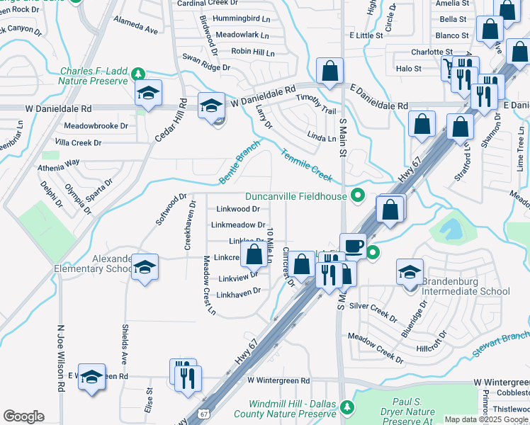 map of restaurants, bars, coffee shops, grocery stores, and more near 302 Linkwood Drive in Duncanville