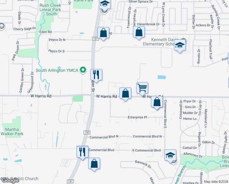 map of restaurants, bars, coffee shops, grocery stores, and more near 1121 West Harris Road in Arlington