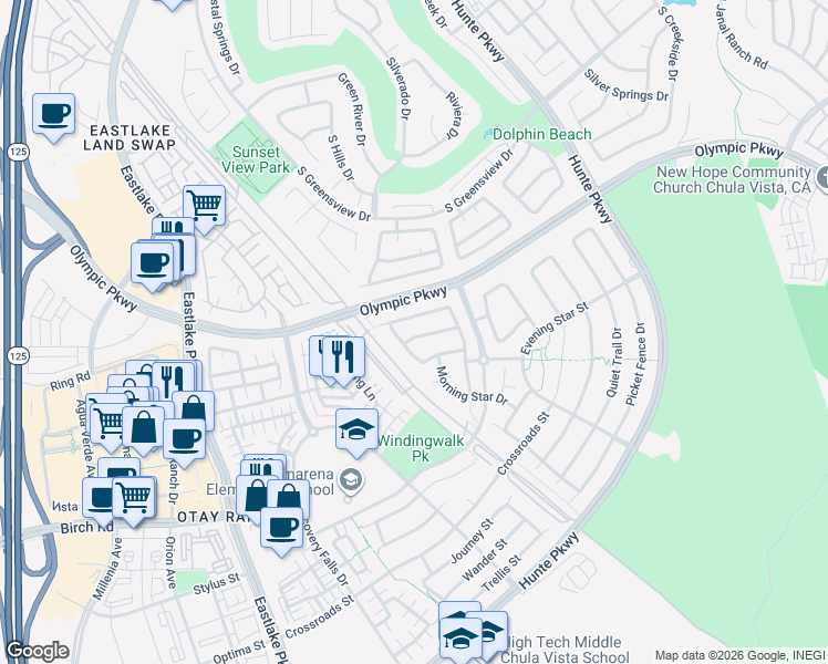 map of restaurants, bars, coffee shops, grocery stores, and more near 2343 Arbor View Street in Chula Vista