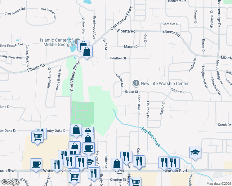map of restaurants, bars, coffee shops, grocery stores, and more near 107 Hawthorne Road in Warner Robins