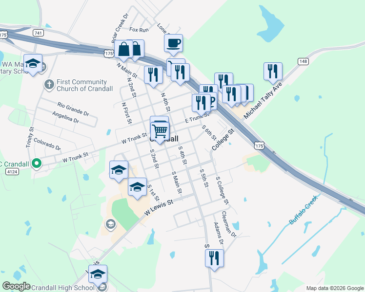map of restaurants, bars, coffee shops, grocery stores, and more near 202 East Holly Street in Crandall