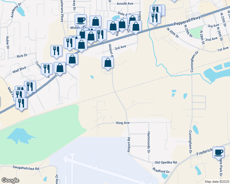 map of restaurants, bars, coffee shops, grocery stores, and more near 2117 Airport Road in Opelika