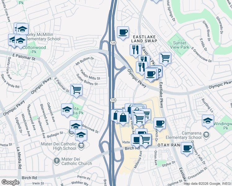 map of restaurants, bars, coffee shops, grocery stores, and more near 1466 El Nido Drive in Chula Vista