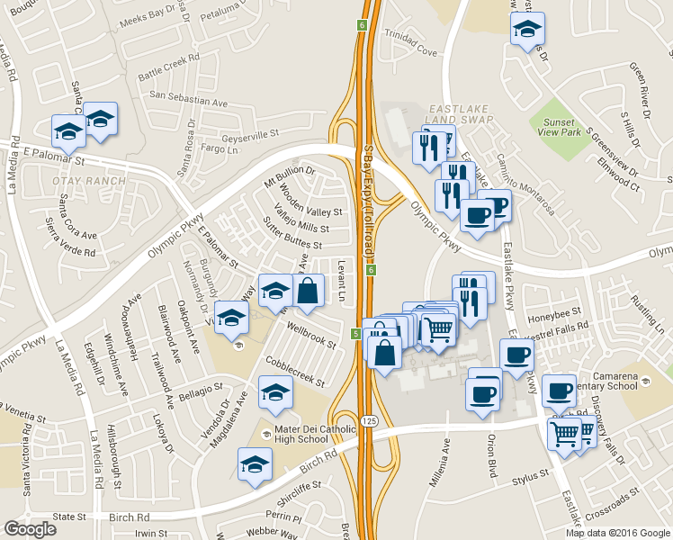 map of restaurants, bars, coffee shops, grocery stores, and more near 1460 Paint Brush Drive in Chula Vista