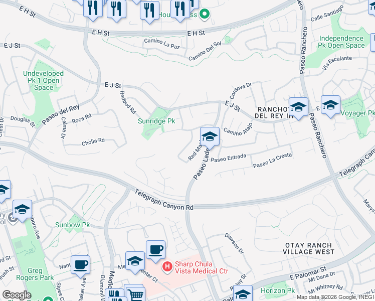 map of restaurants, bars, coffee shops, grocery stores, and more near 1092 Winding Oak Drive in Chula Vista
