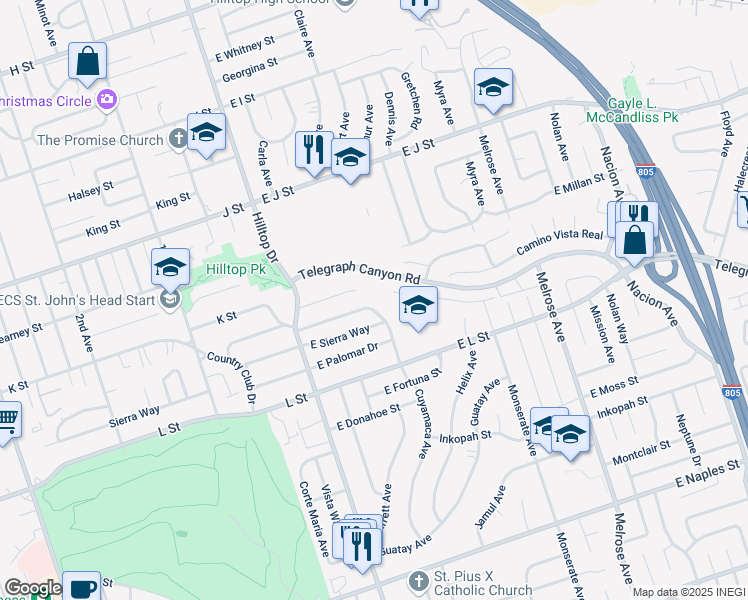 map of restaurants, bars, coffee shops, grocery stores, and more near 102 El Capitan Drive in Chula Vista