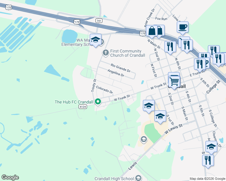 map of restaurants, bars, coffee shops, grocery stores, and more near 427 Colorado Drive in Crandall