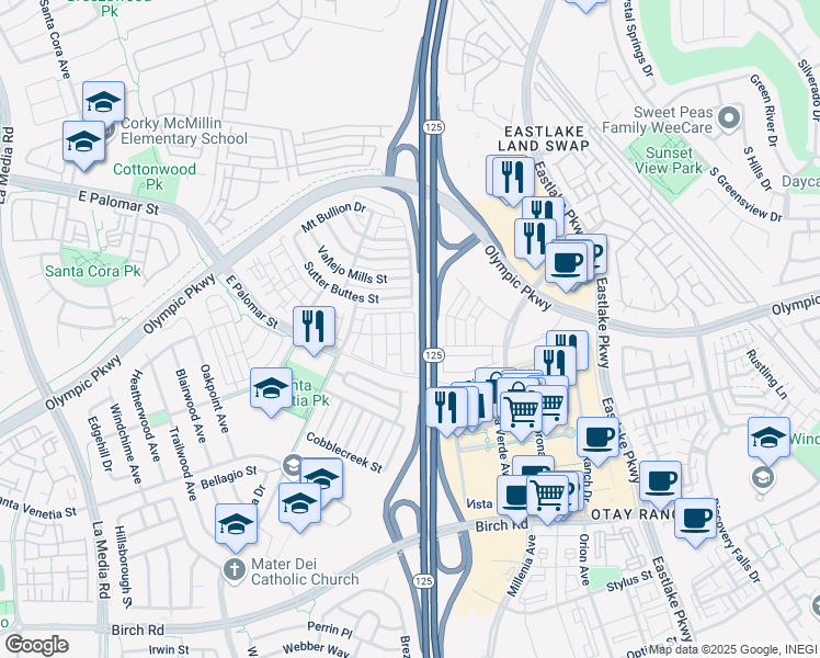 map of restaurants, bars, coffee shops, grocery stores, and more near 1460 Canvas Drive in Chula Vista