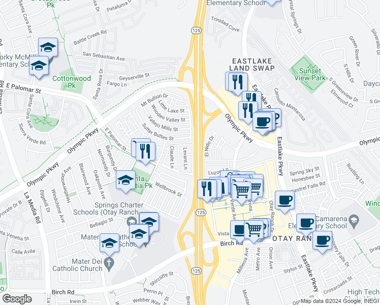 map of restaurants, bars, coffee shops, grocery stores, and more near 1436 Canvas Drive in Chula Vista