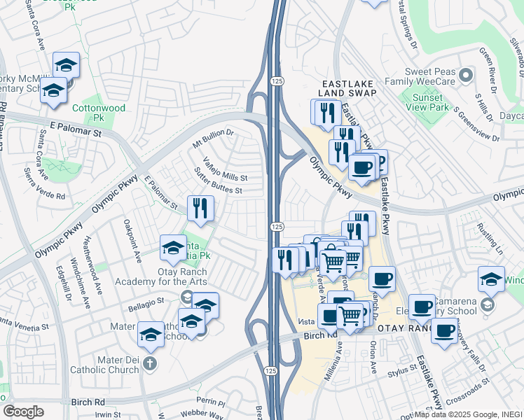 map of restaurants, bars, coffee shops, grocery stores, and more near 1453 Levant Lane in Chula Vista