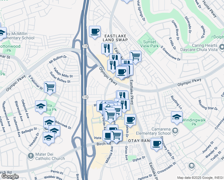 map of restaurants, bars, coffee shops, grocery stores, and more near 2400-2798 Olympic Pkwy in Chula Vista