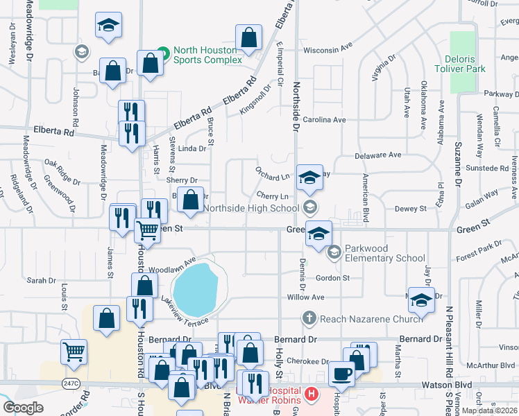 map of restaurants, bars, coffee shops, grocery stores, and more near 105 Cherry Lane in Warner Robins