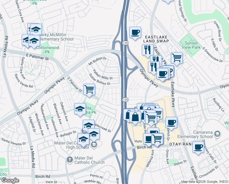 map of restaurants, bars, coffee shops, grocery stores, and more near 1440 Levant Lane in Chula Vista