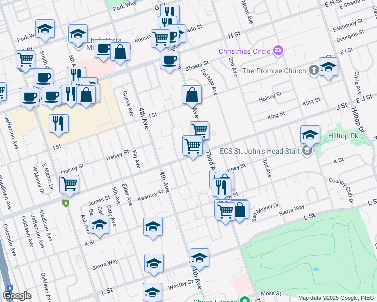 map of restaurants, bars, coffee shops, grocery stores, and more near 335 J Street in Chula Vista