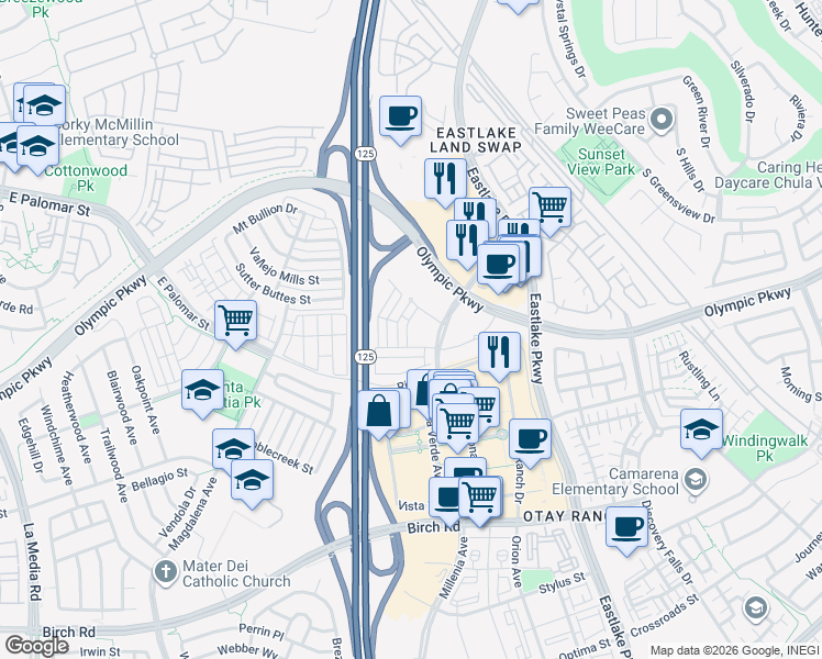 map of restaurants, bars, coffee shops, grocery stores, and more near 1425 Sulu Sea Lane in Chula Vista