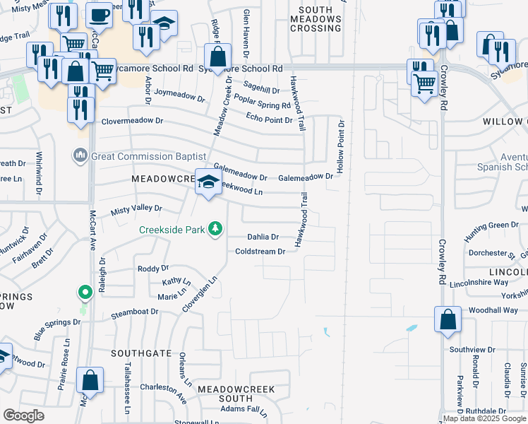map of restaurants, bars, coffee shops, grocery stores, and more near 2601 Country Creek Lane in Fort Worth