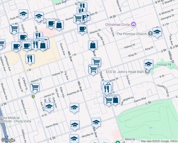 map of restaurants, bars, coffee shops, grocery stores, and more near 335 J Street in Chula Vista