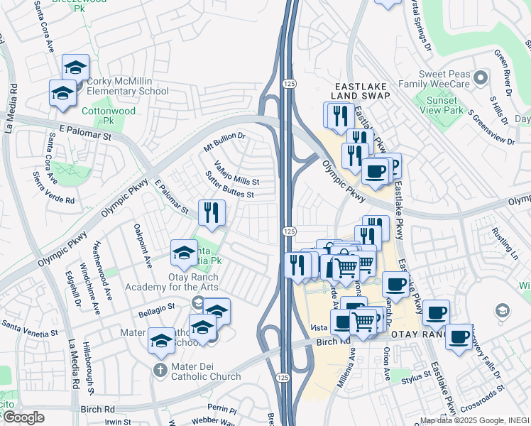 map of restaurants, bars, coffee shops, grocery stores, and more near 1440 Levant Lane in Chula Vista