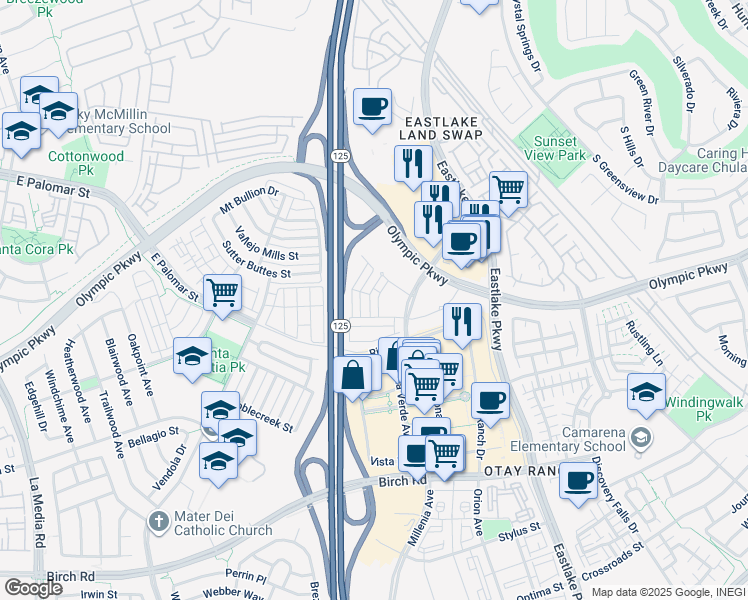 map of restaurants, bars, coffee shops, grocery stores, and more near 1444 Suwerte Avenue in Chula Vista