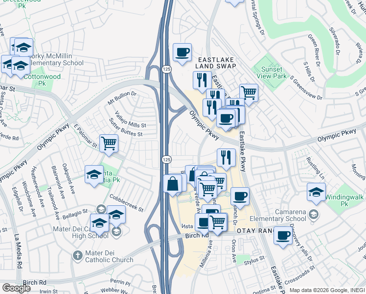 map of restaurants, bars, coffee shops, grocery stores, and more near 1444 Suwerte Avenue in Chula Vista