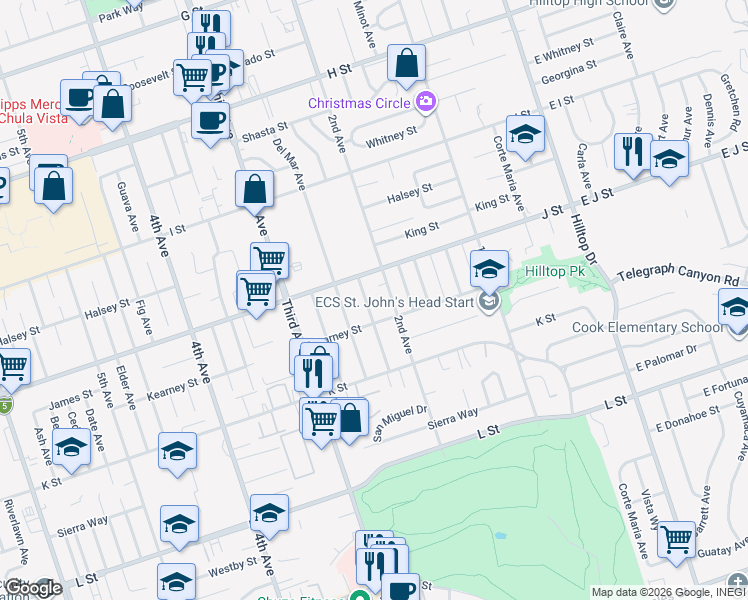map of restaurants, bars, coffee shops, grocery stores, and more near 716 2nd Avenue in Chula Vista